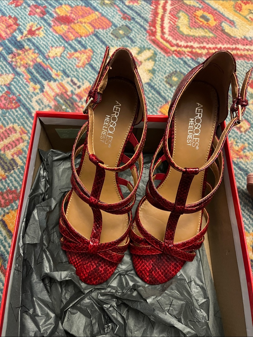 AEROSOLES Burgundy Red Strappy Snake-Texture Heeled Sandals